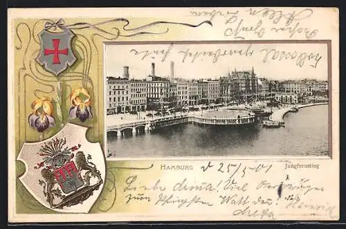 Passepartout-Lithographie Hamburg-Neustadt, Partie am Jungferstieg, Wappen