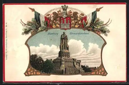 Lithographie Hamburg-St. Pauli, Bismarckdenkmal, Fahnen, Wappen