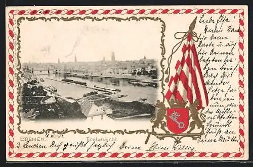 Passepartout-Lithographie Bremen / Stadt, Totalansicht, Wappen mit Fahne