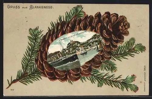 Passepartout-Lithographie Hamburg-Blankenese, Elbansicht mit Dampfer Deutschland in Tannenzapfen-Passepartout