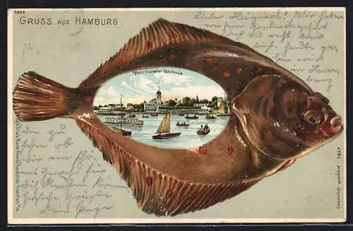 Passepartout-Lithographie Hamburg, Uhlenhorster Fährhaus mit Booten