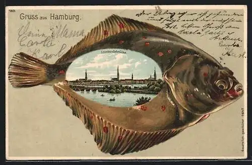 Passepartout-Lithographie Hamburg-Neustadt, Lombardsbrücke in einem Fisch