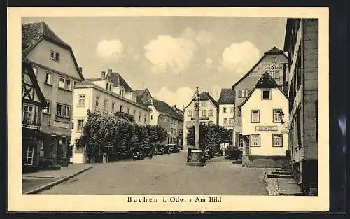 AK Buchen i. Odw., Strasse am Bild mit Hotel Prinz Karl und Denkmal