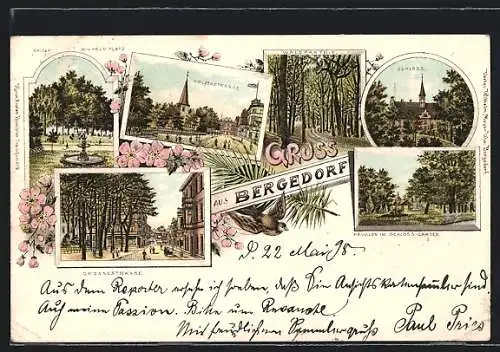 Lithographie Hamburg-Bergedorf, Schloss, Pavillon im Schloss-Garten, Waldpartie