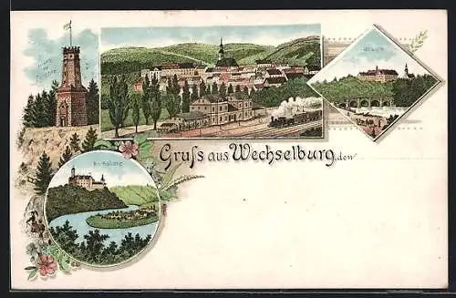 Lithographie Wechselburg, Rochsburg, Turm zu Rochlitz, Brücke