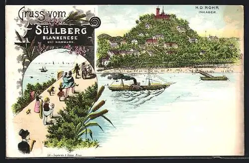 Lithographie Hamburg-Blankenese, Blick von der Alster auf den Süllberg