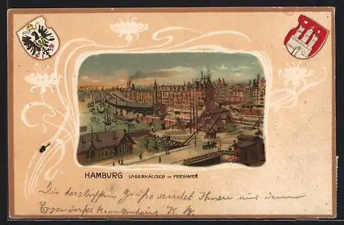 Passepartout-Lithographie Hamburg, Lagerhäuser am Freihafen, Wappen