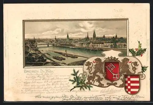 Passepartout-Lithographie Bremen, Die Weser mit Booten, Wappen