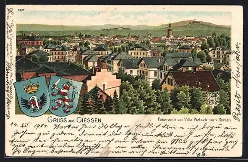 Lithographie Giessen, Panorama von Villa Pietsch nach Norden, Wappen