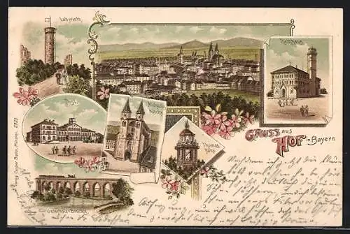 Lithographie Hof /Bayern, Ortsansicht, Unterholz-Brücke, Rathhaus