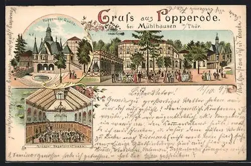 Lithographie Popperode b. Mühlhausen / Thür., Quelle, Ortspartie, Grosser Gesellschaftssaal