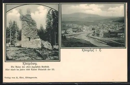 AK Königshof i. H., Ortsansicht, Ruine der Königsburg