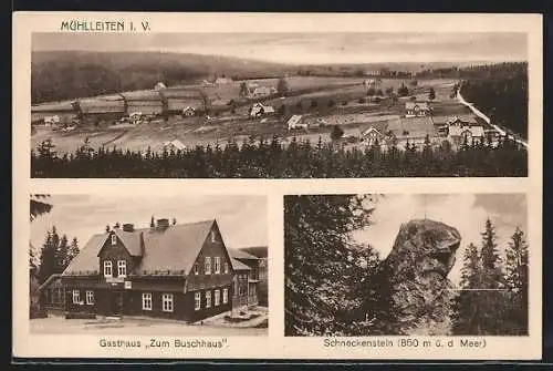 AK Mühlleiten, Totalansicht, Gasthaus zum Buschhaus, Schneckenstein