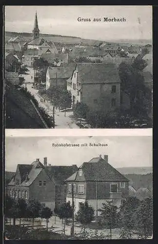 AK Morbach / Hunsrück, Teilansicht aus der Vogelschau, Bahnhofstrasse mit Schulhaus