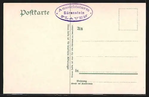 Lithographie Plauen i. V., Aussichtsturm auf dem Bärenstein