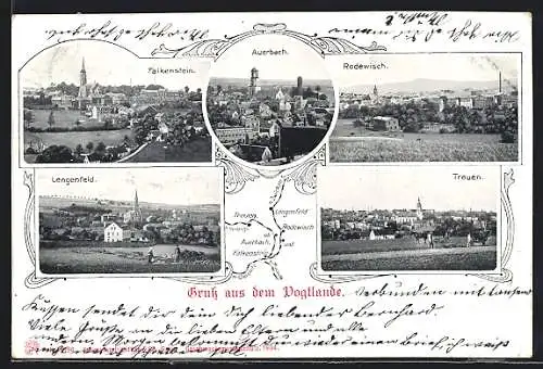 AK Rodewisch, Vogtländische Orte Treue, Auerbach, Lengenfeld und Falkenstein