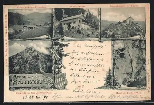 AK Brünnstein, Ansichten v. Brünnsteinhaus, Brünnsteingipfel mit Kapelle, Klamm am Dr. Mayr-Weg