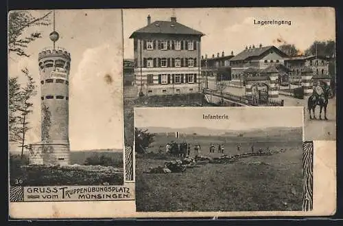 AK Münsingen, Truppenübungsplatz, Lagereingang, Infanterie auf dem Schiessplatz, Turm Falkenhausen