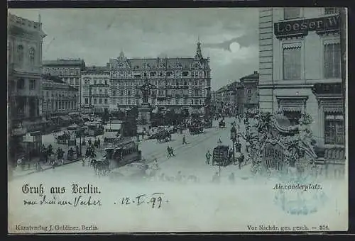 Mondschein-AK Berlin, Denkmal u. Grand Hotel am Alexanderplatz