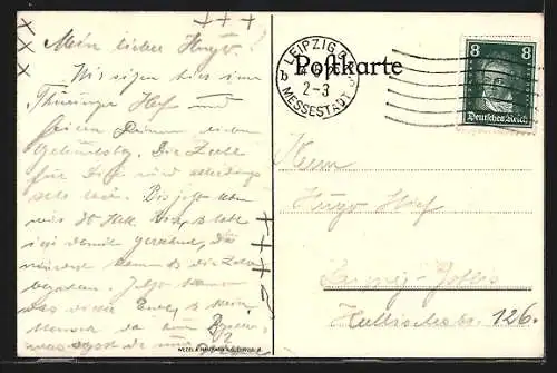 Künstler-AK Leipzig, Restaurant Thüringer Hof, Aussenansicht, Gedicht
