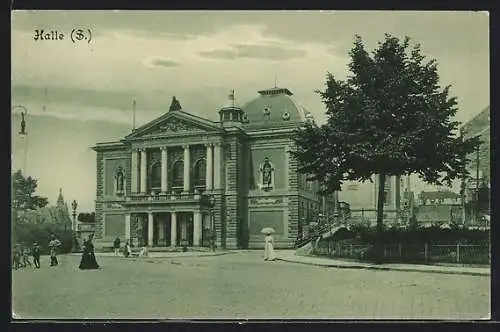 AK Halle i. S., Stadttheater mit Vorplatz