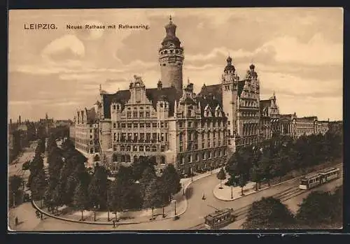AK Leipzig, Neues Rathaus mit Rathausring, Strassenbahn