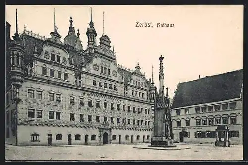 AK Zerbst, Blick auf das Rathaus mit Denkmal