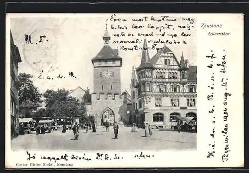 AK Konstanz, Schnetzthor mit Uhrenturm am Marktplatz