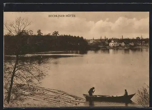 AK Zechliner Hütte, Ruderboot auf dem Wasser mit Blick auf den Ort