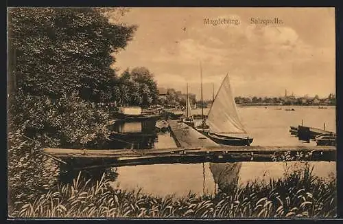 AK Magdeburg, Salzquelle, Segelboote am Anleger