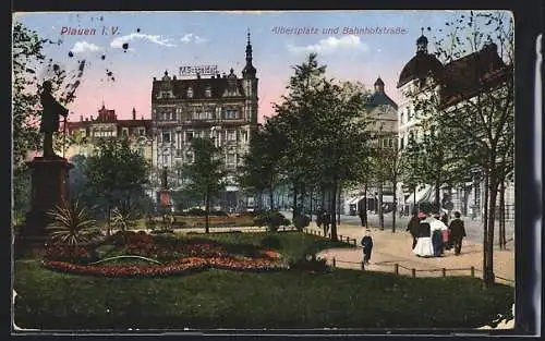 AK Plauen i. V., Albertplatz und Bahnhofstrasse