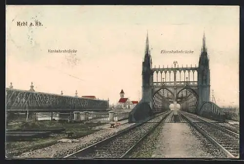 AK Kehl am Rhein, Blick über die Eisenbahnbrücke, neben der Verkehrsbrücke