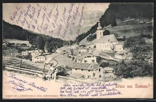AK Ramsau / bay. Alpen, Ortsansicht mit Kirche und Wald