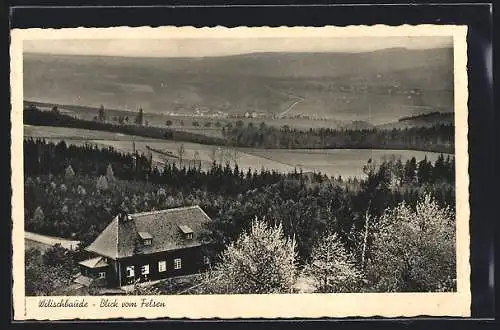 AK Kreischa / Erzgeb., Gasthof Wilischbaude, Blick vom Felsen auf Umgebung