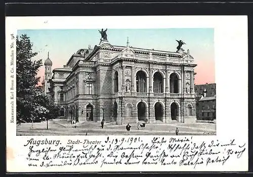 AK Augsburg, Blick aufs Stadttheater mit Vorplatz