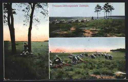 AK Zeithain, Truppen-Uebungsplatz, Teilansichten mit Soldaten auf dem Feld