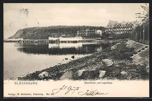 AK Glücksburg, Blick auf Strandhotel u. Logierhaus am Wasser