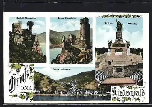 AK Assmannshausen, Schloss Rheinstein, Ruine Ehrenfels, National-Denkmal