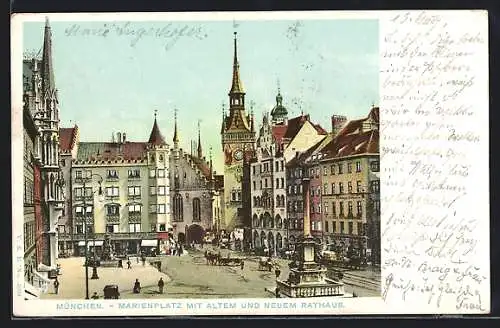 AK München, Marienplatz mit altem und neuem Rathaus