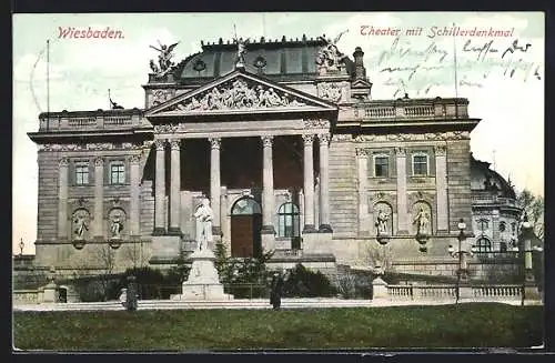AK Wiesbaden, Theater mit Schillerdenkmal