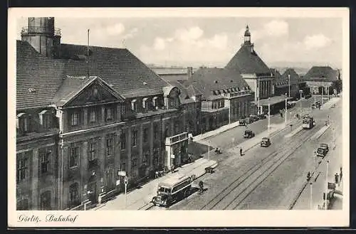 AK Görlitz, Bahnhof mit Strassenbahn