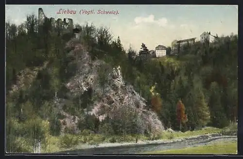 AK Liebau /Vogtl. Schweiz, Ortspartie mit Ruine