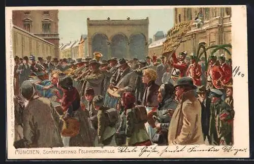 Künstler-Lithographie Paul Hey: München, Schäfflertanz an der Feldherrnhalle