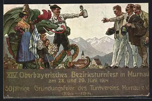 Künstler-AK Murnau / Staffelsee, Festpostkarte XIV. Oberbayerisches Bezirksturnfest 1914