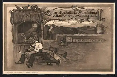 Künstler-AK Kaufbeuren, Landwirtschaftliche Ausstellung 1901, Bauer schärft sein Sensenblatt