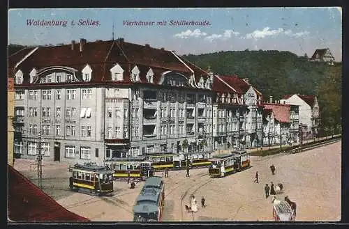 AK Waldenburg i. Schles., Vierhäuser mit Schillerbaude, Strassenbahnen