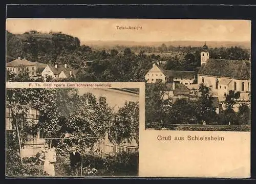 AK Schleissheim, F. Th. Derflingers Gemischtwarenhandlung, Totalansicht