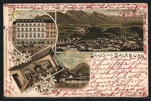 Lithographie Salzburg, Gasthof zum Wolf Ditrich, Inneres Speisesaal, Kapuzinerkloster mit Hexenturm und Untersberg