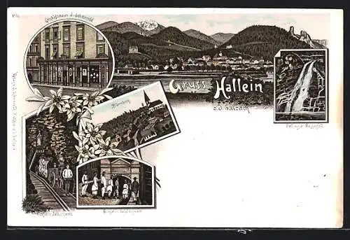 Lithographie Hallein a. d. Salzach, Geschäftshaus J. Schmerold, Salzbergwerk, Gollinger Wasserfall