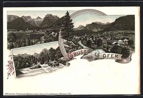 Lithographie Lofer, Ortspartie, Uferpartie, Gletscher